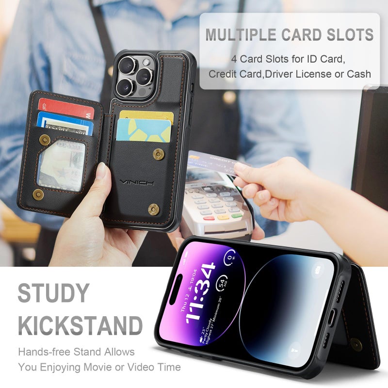 Vinich for iPhone 15 Pro Max Wallet Case with Card Holder, RFID Blocking Credit Slots Kickstand Shockproof Phone Cover Fit for iPhone 15 Pro Max 6.7" Black - Image 4