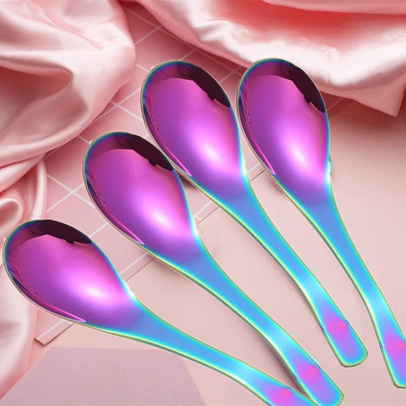 JYJFGSFA Chinese Metal Soup Spoons and Chopsticks Set for 4 People Reusable Stainless Steel Ramen Short Handle Spoon Set Asian Christmas Gift Dishwasher Safe Rainbow - Image 2