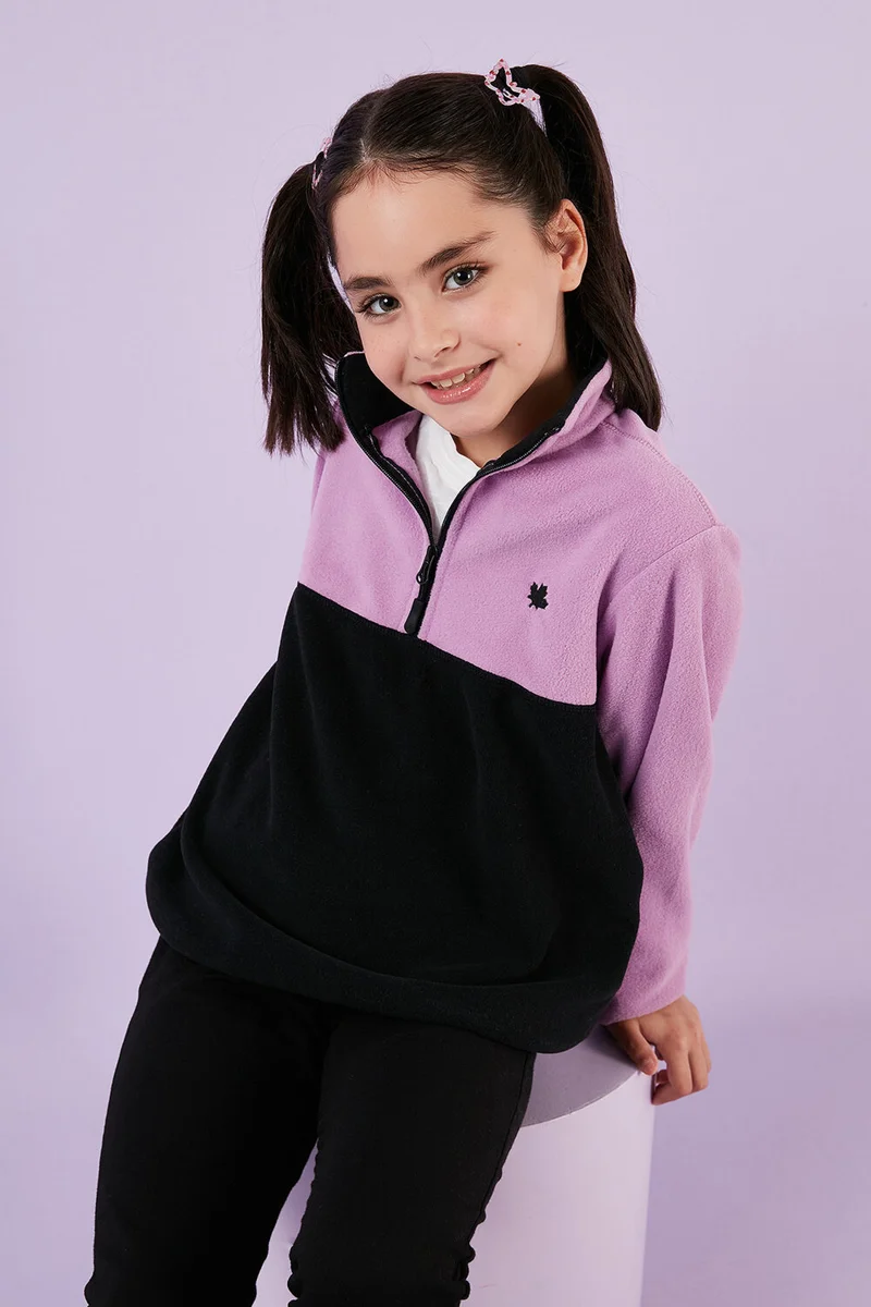 Lela Soft Textured Half Zipper Color Block Stand Collar Fleece Unisex Children's Fleece 5905004