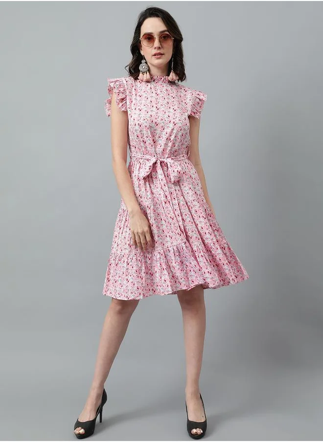 Kotty Floral Print Knee Length Dress with Ruffle Detail