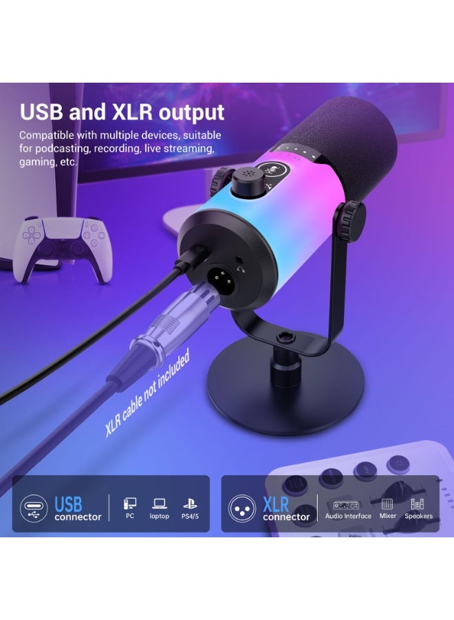 Joshberg Dynamic Gaming Microphone kit USB/XLR Podcast Computer Microphone with Boom arm Stand RGB Light Mute Button Headphone Jack for Gamer Streaming Recording - Image 3