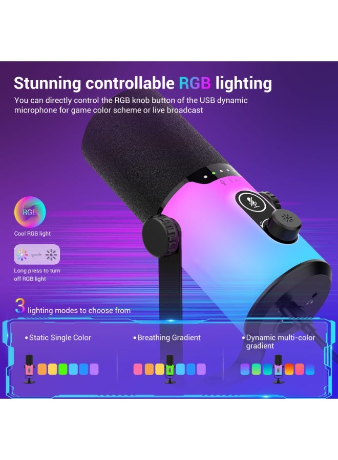 Joshberg Dynamic Gaming Microphone kit USB/XLR Podcast Computer Microphone with Boom arm Stand RGB Light Mute Button Headphone Jack for Gamer Streaming Recording - Image 4