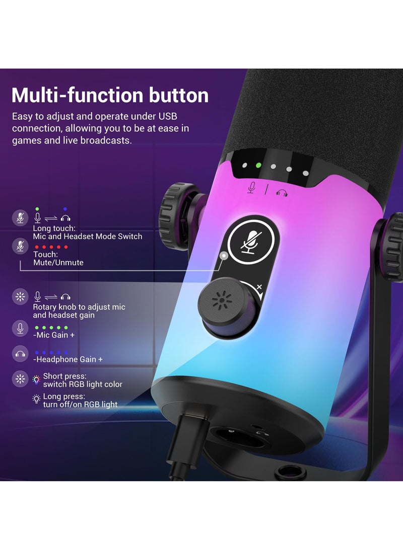 Joshberg Dynamic Gaming Microphone kit USB/XLR Podcast Computer Microphone with Boom arm Stand RGB Light Mute Button Headphone Jack for Gamer Streaming Recording - Image 5