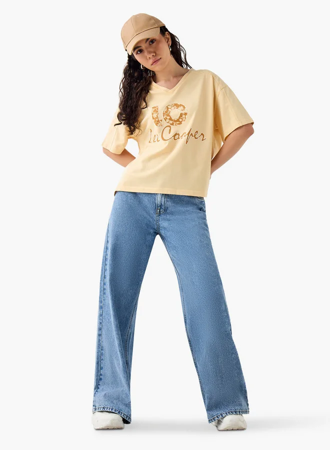 لي كوبر تيشيرت لي كوبر مطبوع برسومات بياقة  واسع بأكمام قصيرة