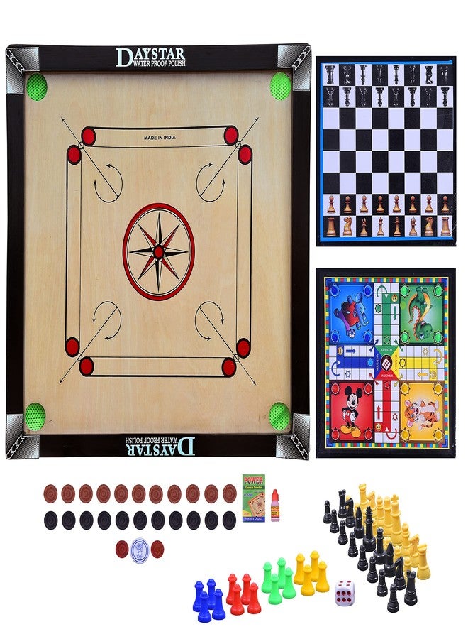 DAYSTAR All Wooden Superior Glossy Finish 26 Inch Carrom Board With Ludo Chess Board 12 Inch,Coin, Dice, Striker,Boric Powder (Carrom 26 Inch) - Image 1