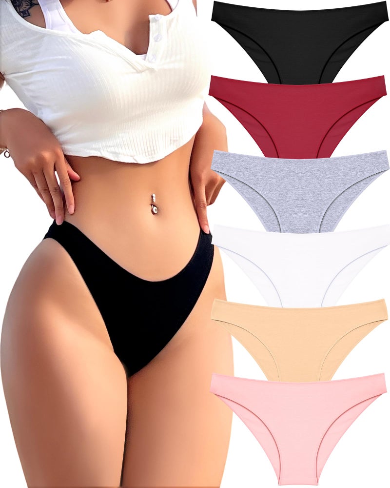 FINETOO 6 Pack Cotton Underwear for Women Cute Low Rise Bikini Panties High Cut Breathable Sexy Womens Cheeky S-XL - Image 1