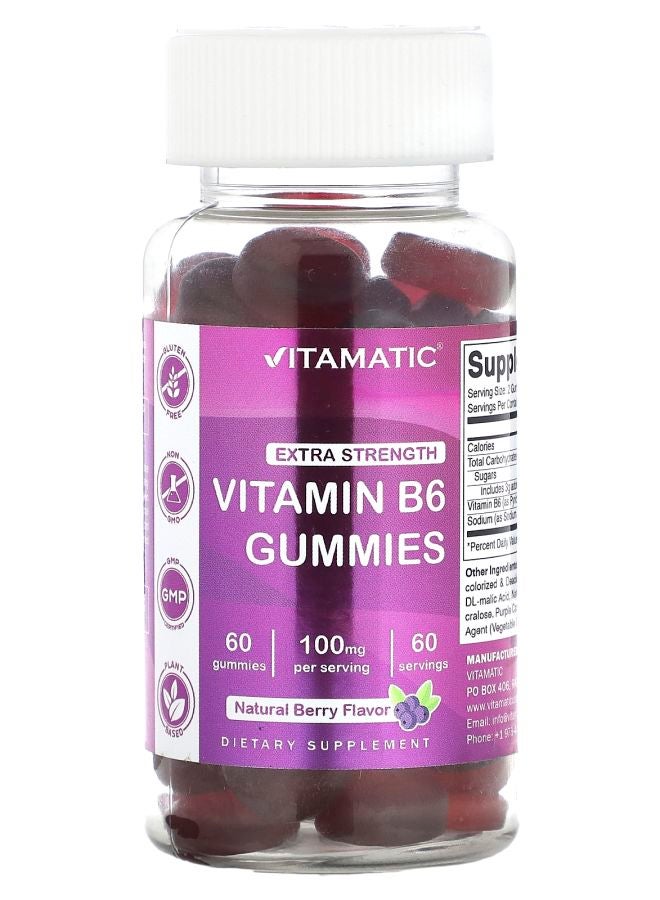 Vitamatic Vitamin B6 Extra Strength Berry 100 mg 60 Gummies (50 mg per Gummy)