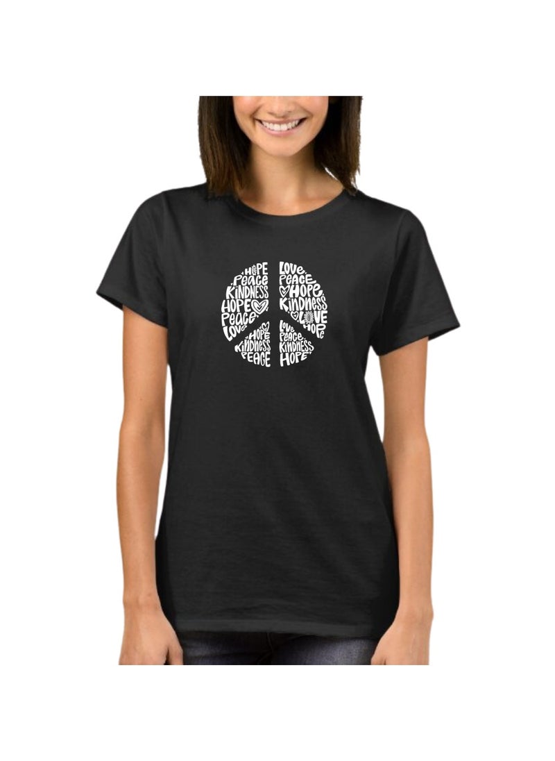 PRINTSHOP4ME - Peace Love Women's T-Shirt–Cotton Half Sleeve Round Neck Soft&Breathable Fabric Casual Wear For Everyday Comfort|Gift For Special Events - Image 1