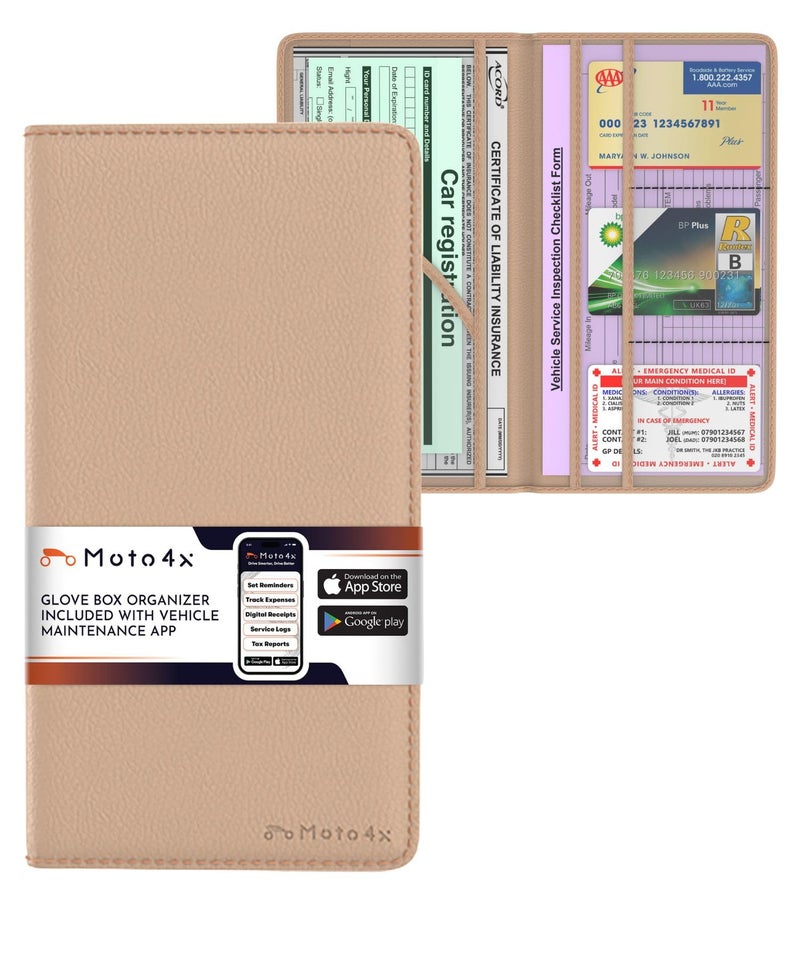 MOTO4X Premium Leather Magnetic Shut Car Registration Insurance Card Holder Glove Box Organizer for License Cards Documents Beige - Image 3