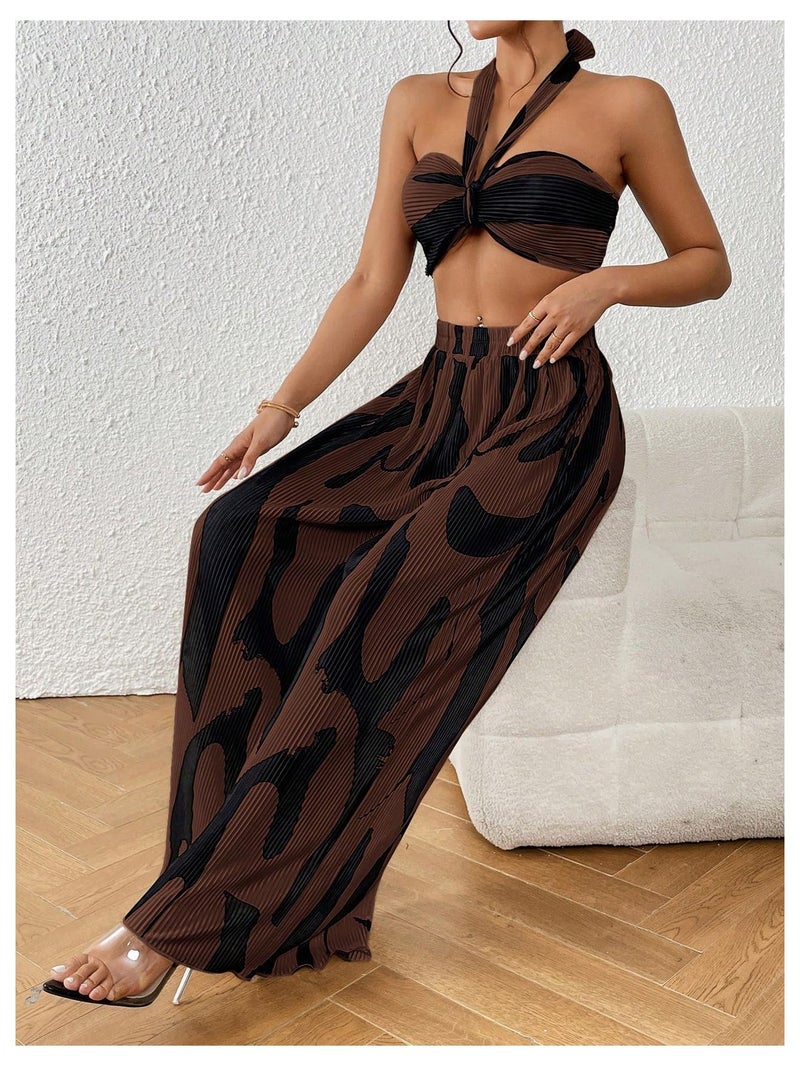 OYOANGLE Women's 2 Piece Vacation Outfits Graphic Print Knitted Crop Halter Top and Wide Leg Pants Set Chocolate Brown Medium - Image 4