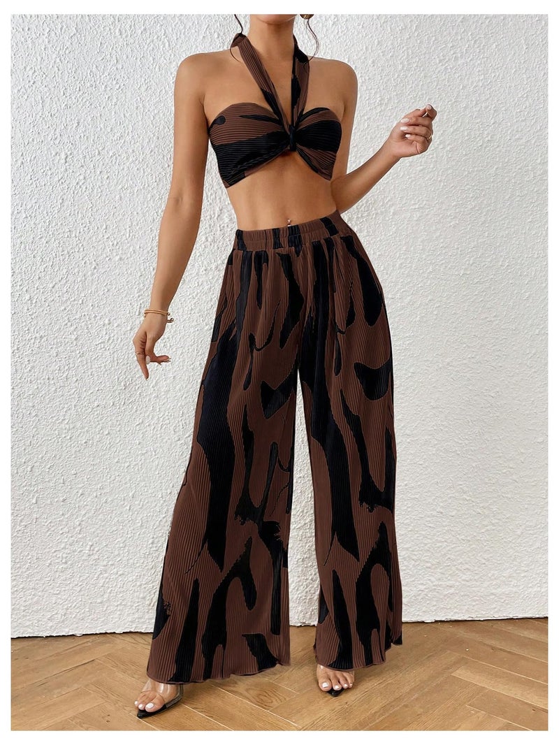 OYOANGLE Women's 2 Piece Vacation Outfits Graphic Print Knitted Crop Halter Top and Wide Leg Pants Set Chocolate Brown Medium - Image 3