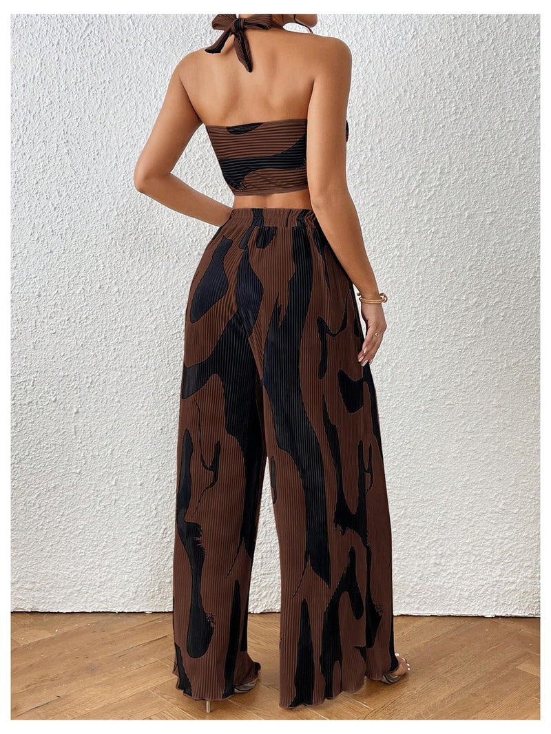 OYOANGLE Women's 2 Piece Vacation Outfits Graphic Print Knitted Crop Halter Top and Wide Leg Pants Set Chocolate Brown Medium - Image 2