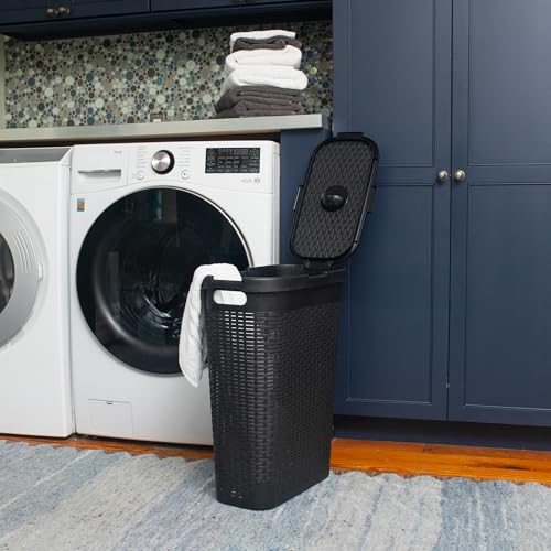 Mind Reader Slim Laundry Hamper with Lid, 40L Clothes Basket, Narrow Tapered Design with Ventilated Cutout Pattern, Plastic, Black - Image 2