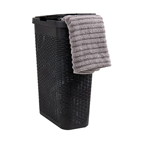 Mind Reader Slim Laundry Hamper with Lid, 40L Clothes Basket, Narrow Tapered Design with Ventilated Cutout Pattern, Plastic, Black - Image 1