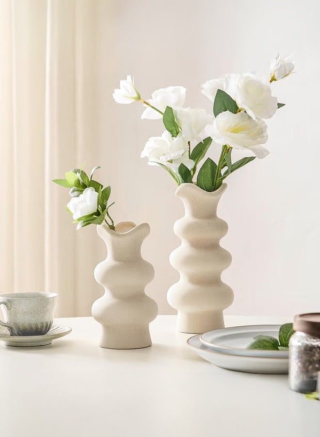 شو وو قطعتان من المزهريات الخزفية البيضاء المزخرفة الحديثة لديكور المنزل، مزهرية بسيطة مجردة لعشب بامباس، مزهرية زهرة بوهو، مزهرية كريمية جمالية - Image 1