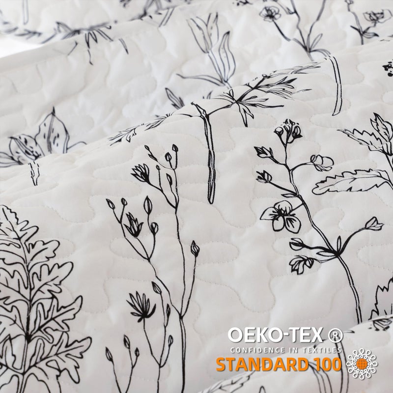 JANZAA Quilts Queen Size White Floral Bed Spread with Black Botanical Pattern Boho Queen Quilt Bedding Set Soft Lightweight Microfiber All Season (2 Pillow Cases) - Image 2