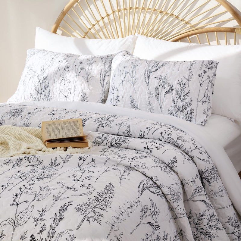 JANZAA Quilts Queen Size White Floral Bed Spread with Black Botanical Pattern Boho Queen Quilt Bedding Set Soft Lightweight Microfiber All Season (2 Pillow Cases) - Image 3