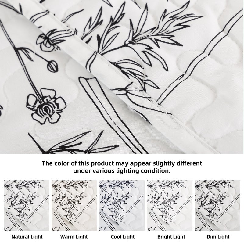 JANZAA Quilts Queen Size White Floral Bed Spread with Black Botanical Pattern Boho Queen Quilt Bedding Set Soft Lightweight Microfiber All Season (2 Pillow Cases) - Image 4