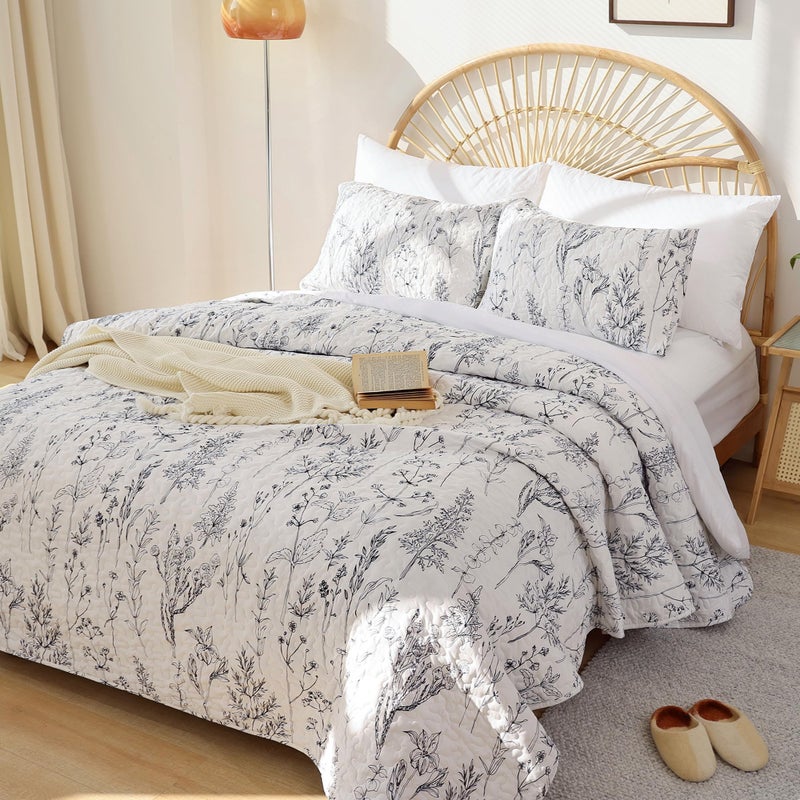 JANZAA Quilts Queen Size White Floral Bed Spread with Black Botanical Pattern Boho Queen Quilt Bedding Set Soft Lightweight Microfiber All Season (2 Pillow Cases) - Image 1