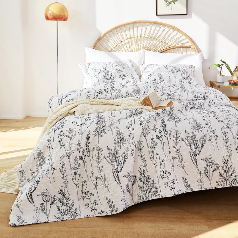 JANZAA Quilts Queen Size White Floral Bed Spread with Black Botanical Pattern Boho Queen Quilt Bedding Set Soft Lightweight Microfiber All Season (2 Pillow Cases) - Image 5