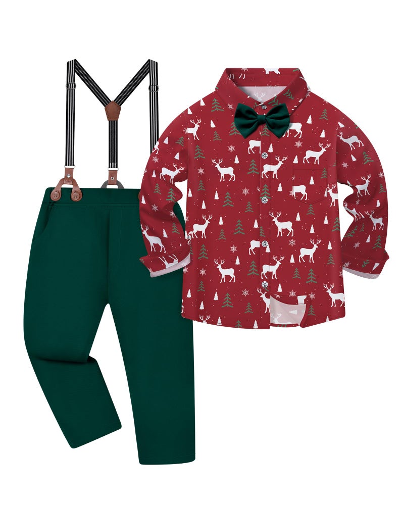DISAUR Christmas Boys Suit Bow Tie Long Sleeve Red Elk Shirt Suspender Pants Formal Gentleman Kids Ring Bearer Outfits Trajes Elegantes para Nios 56 Years - Image 2