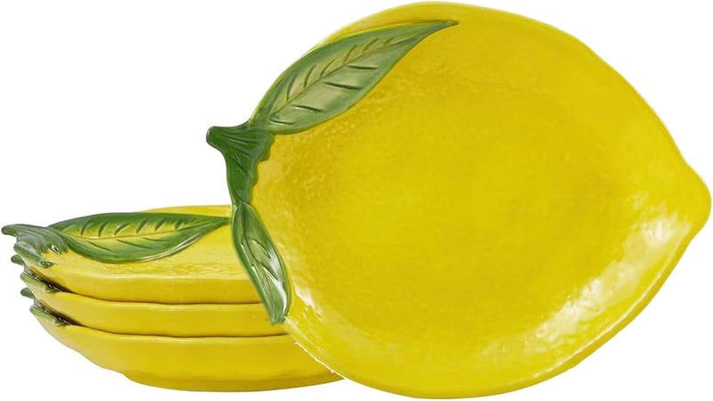 Bico Lemon Shape Handpainted 8 inch Stoneware Salad Plates Set Set of 4 Microwave  Dishwasher Safe for Salad Appetizer Tapas Picnic - Image 1