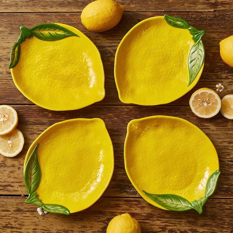 Bico Lemon Shape Handpainted 8 inch Stoneware Salad Plates Set Set of 4 Microwave  Dishwasher Safe for Salad Appetizer Tapas Picnic - Image 4
