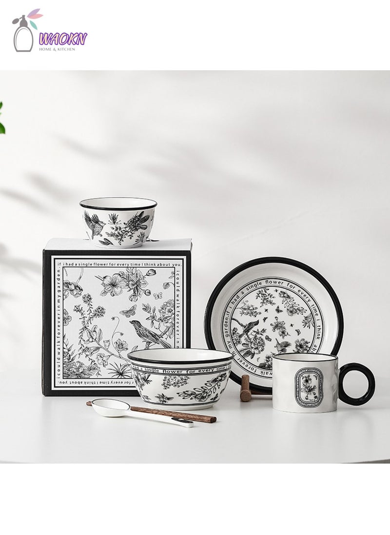 WAOKN Pinellia Flower Ceramic Tableware Gift Box Set For One People, Including 1 Bowl 1 Bowl 1 Plate 1 Cup 1 Spoon 1 Chopsticks  - Image 1
