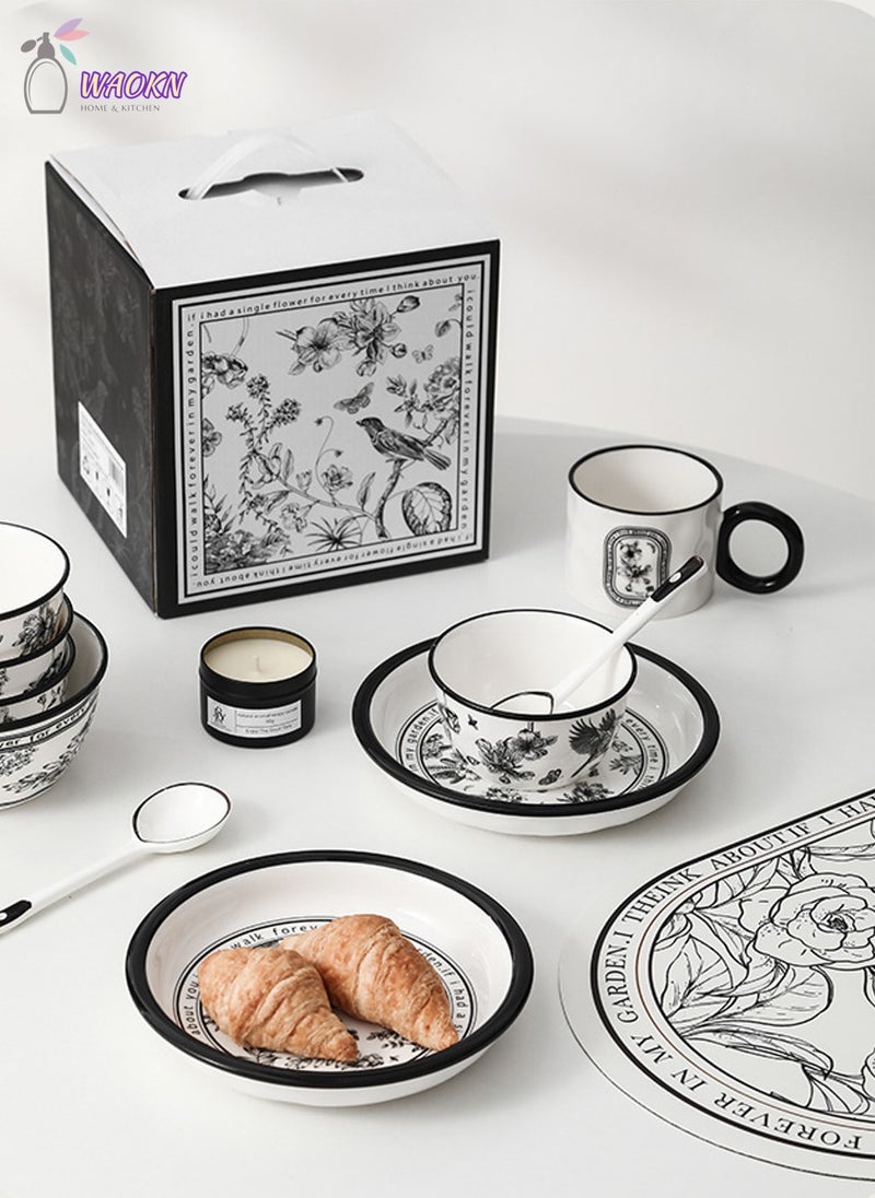 WAOKN Pinellia Flower Ceramic Tableware Gift Box Set For One People, Including 1 Bowl 1 Bowl 1 Plate 1 Cup 1 Spoon 1 Chopsticks  - Image 5