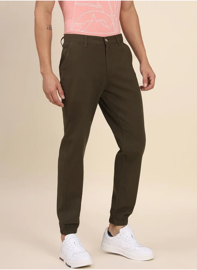 Dennis Lingo Men's Dark Olive 100% Cotton Solid Pattern Full Length Slim Fit Trouser