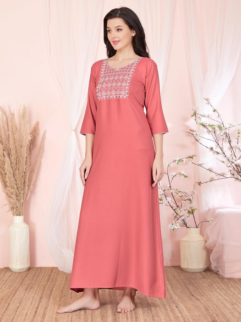 SAND DUNE Womens Straight Fit V-Neck 3/4th Sleeves Solid Nighty with Functional Pocket - Image 2