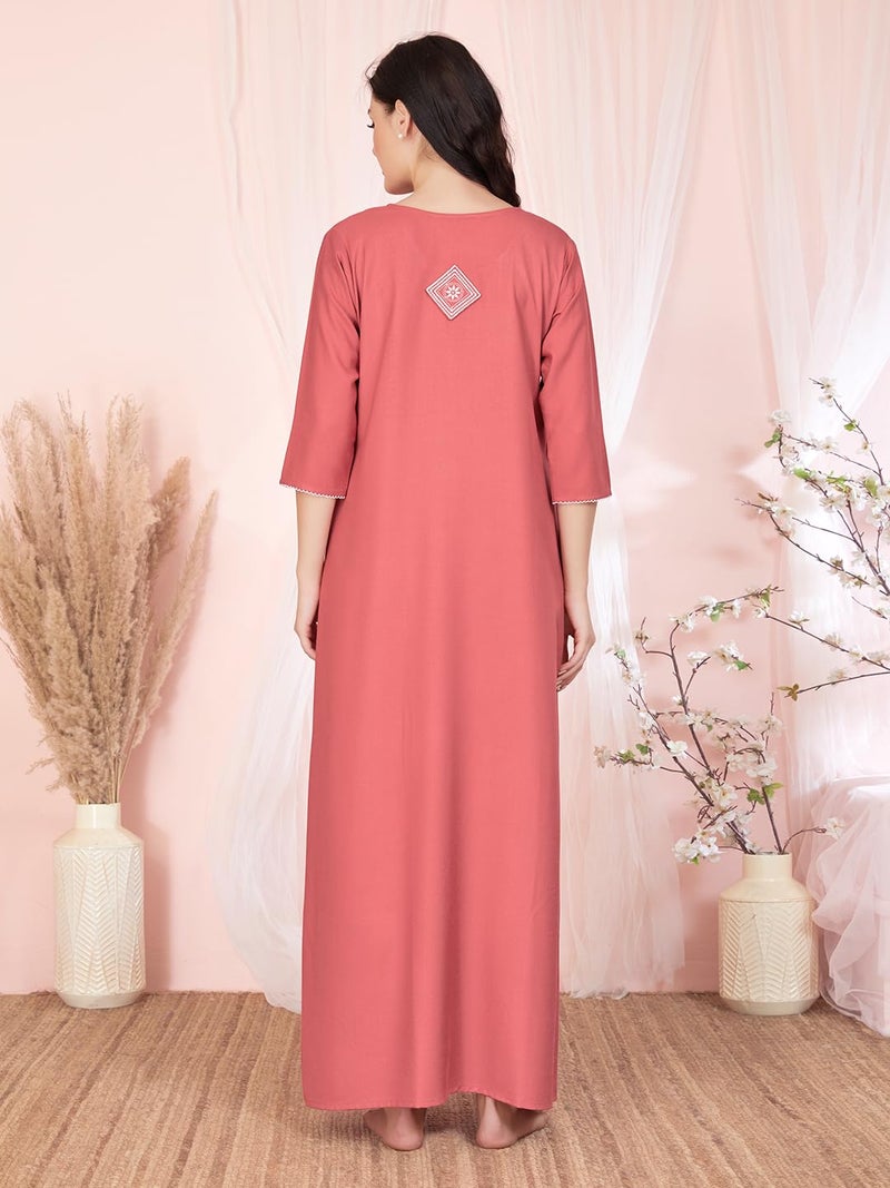 SAND DUNE Womens Straight Fit V-Neck 3/4th Sleeves Solid Nighty with Functional Pocket - Image 3