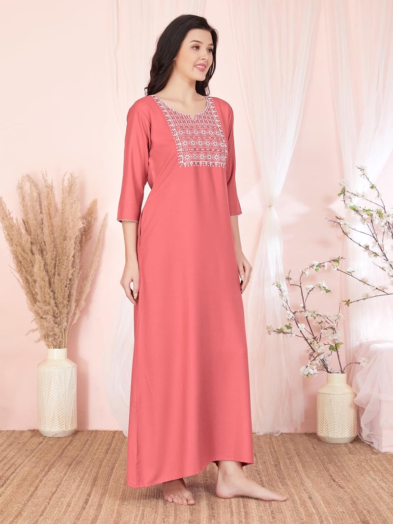 SAND DUNE Womens Straight Fit V-Neck 3/4th Sleeves Solid Nighty with Functional Pocket - Image 4