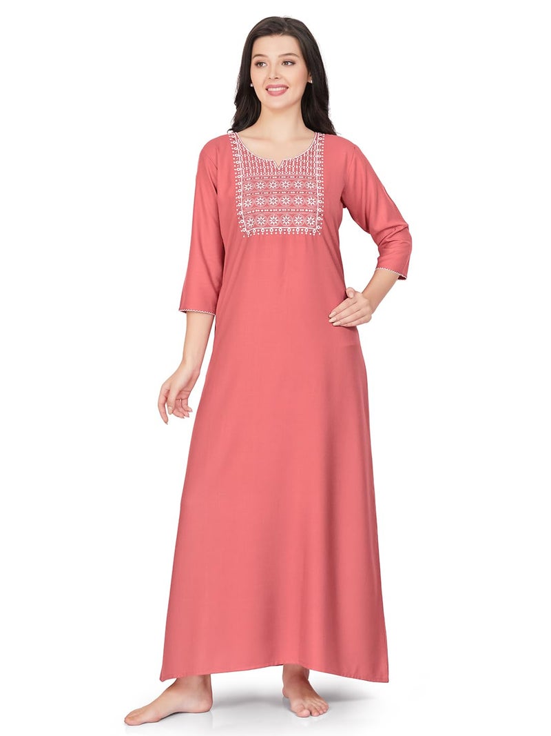 SAND DUNE Womens Straight Fit V-Neck 3/4th Sleeves Solid Nighty with Functional Pocket - Image 1
