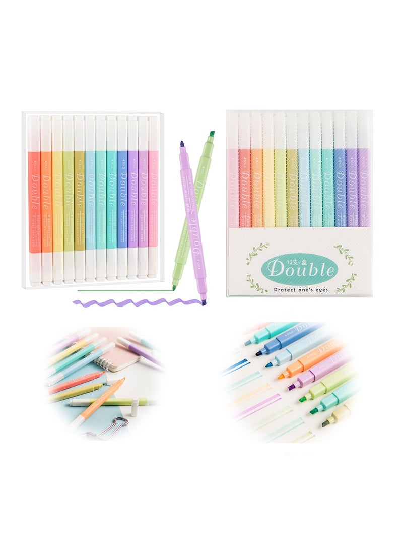 KASTWAVE Double Ended Highlighter 12Pcs Handbook Painting Oblique Head Round Head Square Rod Color Highlighter Set Quick Dry Highlighters for Journaling Note Taking School Supplies - Image 1