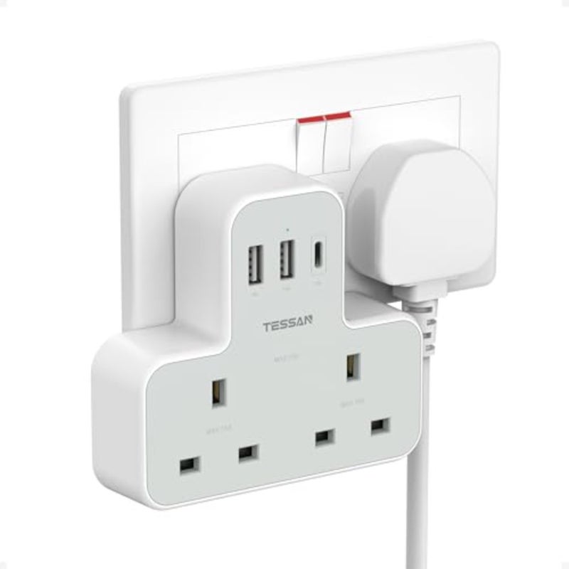 Plug Adapter with 3 USB Ports, Double Plug Adaptor AE, 2 Way MultiPlug Extension with USB Charger, Slim Power Extender for Office, University Essentials - Image 1