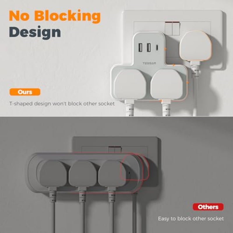 Plug Adapter with 3 USB Ports, Double Plug Adaptor AE, 2 Way MultiPlug Extension with USB Charger, Slim Power Extender for Office, University Essentials - Image 4