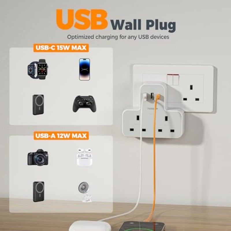 Plug Adapter with 3 USB Ports, Double Plug Adaptor AE, 2 Way MultiPlug Extension with USB Charger, Slim Power Extender for Office, University Essentials - Image 3