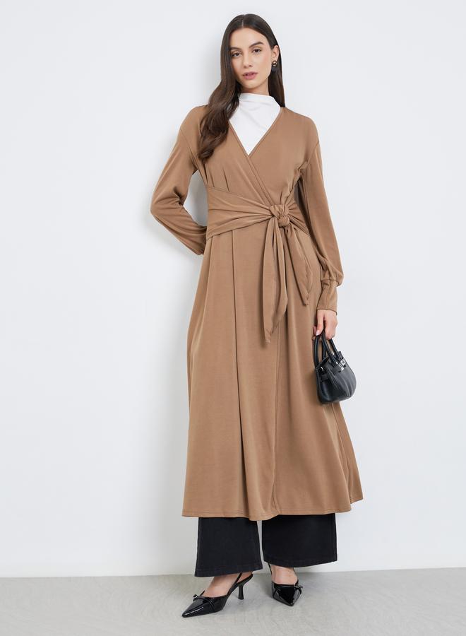 Take Two Khaki Waist Tie Wrap Midi Dress - Image 1