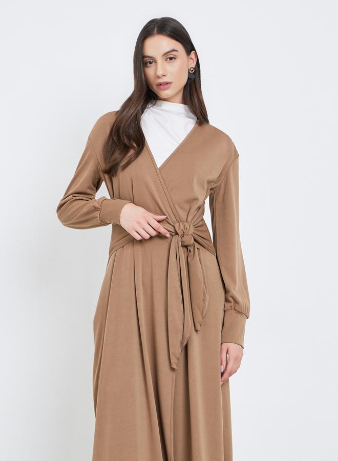 Take Two Khaki Waist Tie Wrap Midi Dress - Image 2