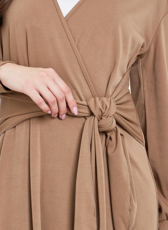 Take Two Khaki Waist Tie Wrap Midi Dress - Image 3