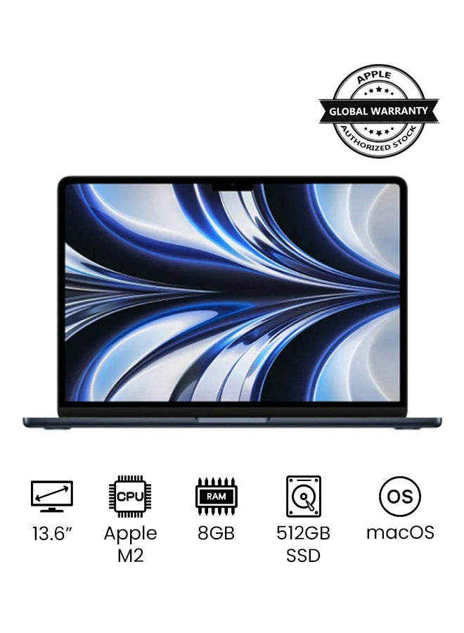 MacBook Air MLY43 | 13.6 Inch Display | Apple M2 Chip | 8-Core CPU and 10-Core GPU | 8GB RAM | 512GB SSD | macOS | English Keyboard | International Version | Midnight
