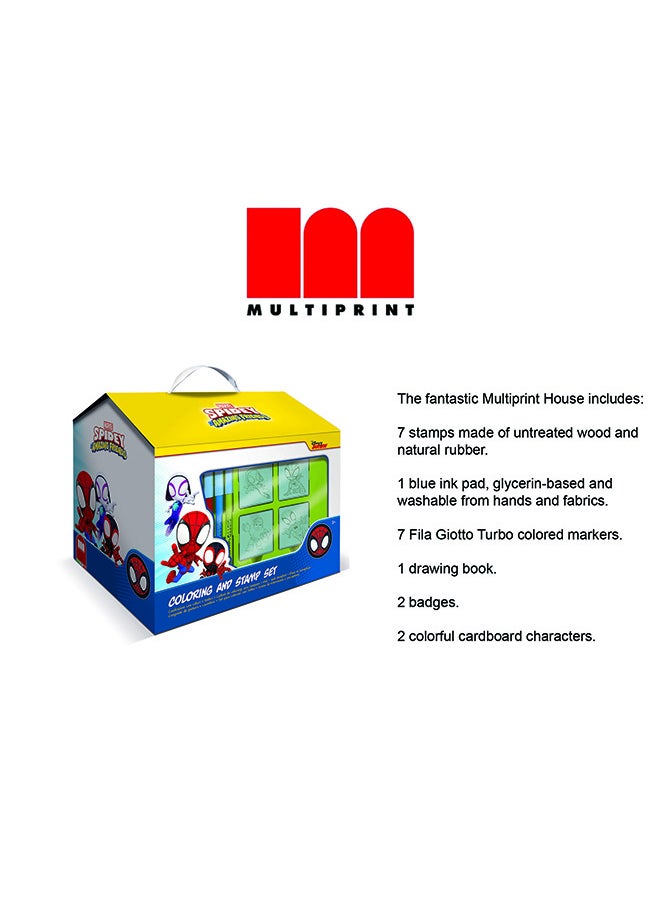 MULTIPRINT Spidey And Friends House Creative Stamping And Coloring Set For Kids Includes 7 Wooden Stamps, Washable Ink, 7 Markers, Drawing Book And More Made In Italy  - Image 2