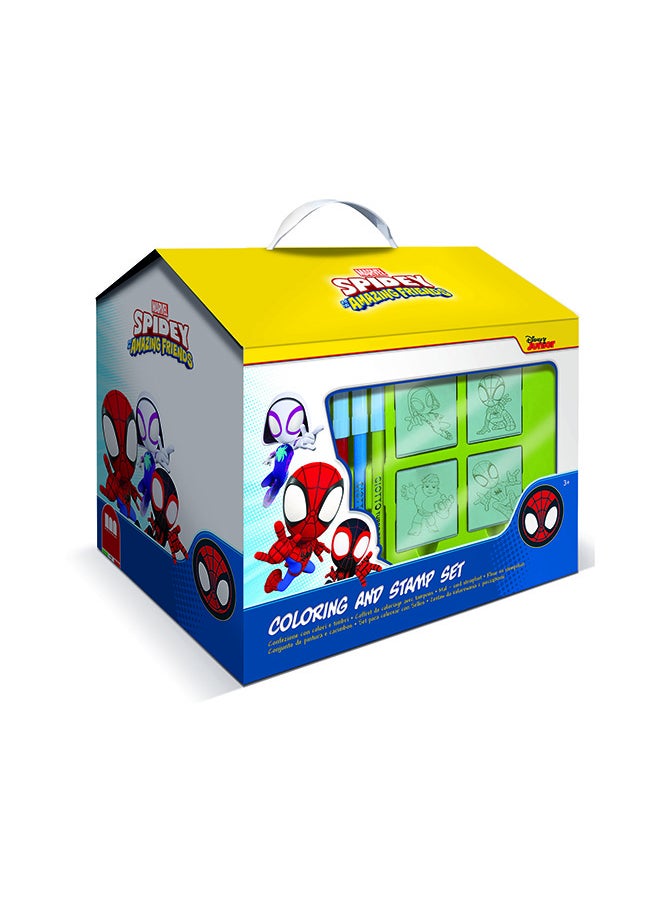 MULTIPRINT Spidey And Friends House Creative Stamping And Coloring Set For Kids Includes 7 Wooden Stamps, Washable Ink, 7 Markers, Drawing Book And More Made In Italy  - Image 1