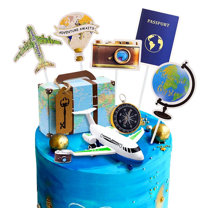 Rismise Rismise Travel Theme Cake Toppers Travel Cake Decoration Adventure Travel Cake Cupcake Toppers Airplane Map Camera Heart Mini Suitcase Cake Decorations for Adventure Awaits Travel Themed Party  - Image 1