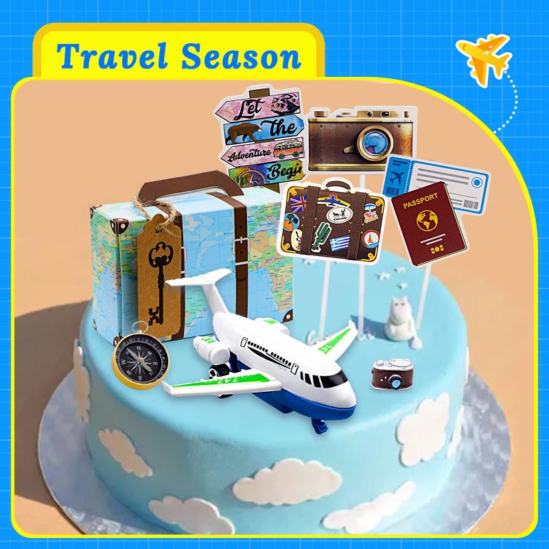 Rismise Rismise Travel Theme Cake Toppers Travel Cake Decoration Adventure Travel Cake Cupcake Toppers Airplane Map Camera Heart Mini Suitcase Cake Decorations for Adventure Awaits Travel Themed Party  - Image 4