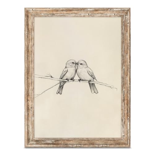 ASTRDECOR Vintage Birds Framed Canvas Wall Art Two Birds Sketch Artwork Farmhouse Rustic Aesthetic Decor for Bedroom Living Room or Shelf with Distressed Faux Wood Frame 12x16 Inch - Image 1