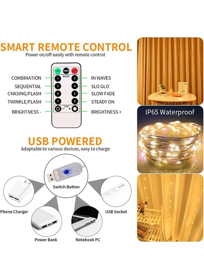 Arabest - Curtain Decorative String Lights Twinkle 3m×3m 300 leds USB Powered 8 Adjustable Modes with Wireless Remote for Window Birthday Ramadan Indoor and Outdoor Party, Warm White - Image 1