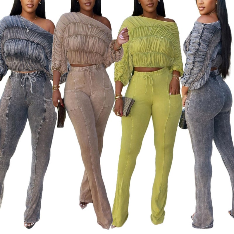 YOOTIKO Womens 2 Piece Pants Set Elasticity Ruched Top Flare Leggings Pants Set Casual Sweatsuits Set - Image 5