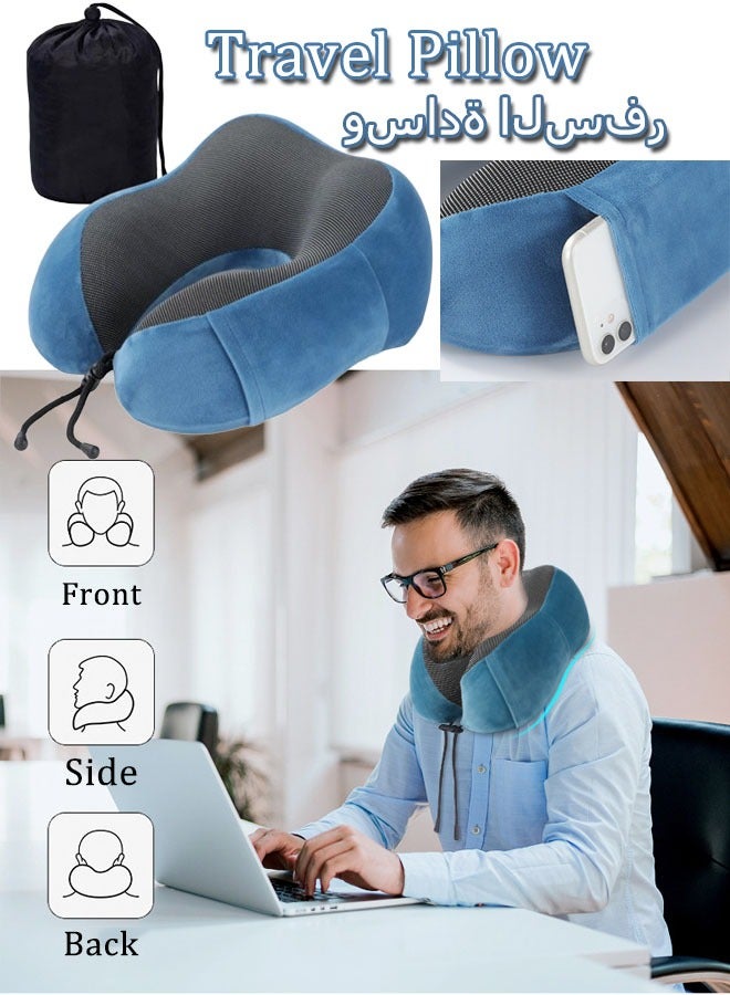 وسادة السفر وسادة الطائرة وسادة دعم الرقبة والرأس وسادة دعم الرقبة والرأس وسادة الرقبة ذات الإسفنج الميموري فوم وسائد الرقبة لتخفيف آلام الرقبة مناسبة للنوم بالطائرة السيارة المكتب والمنزل （أزرق) - Image 1